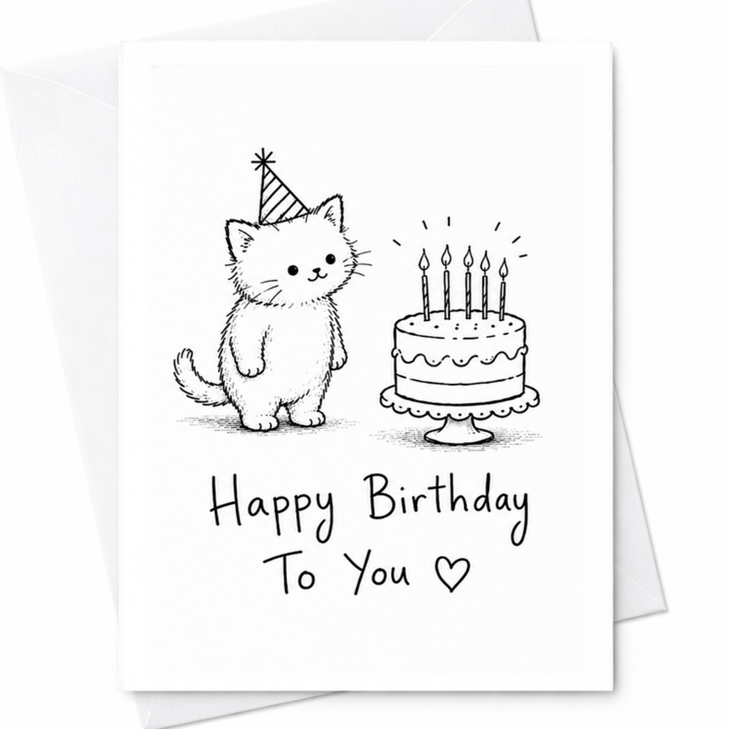 Happy Birthday To You Cute Animal Birthday Card Set With Cat And Cake Illustration Fun Party Hat Design For Kids And Friends C2344