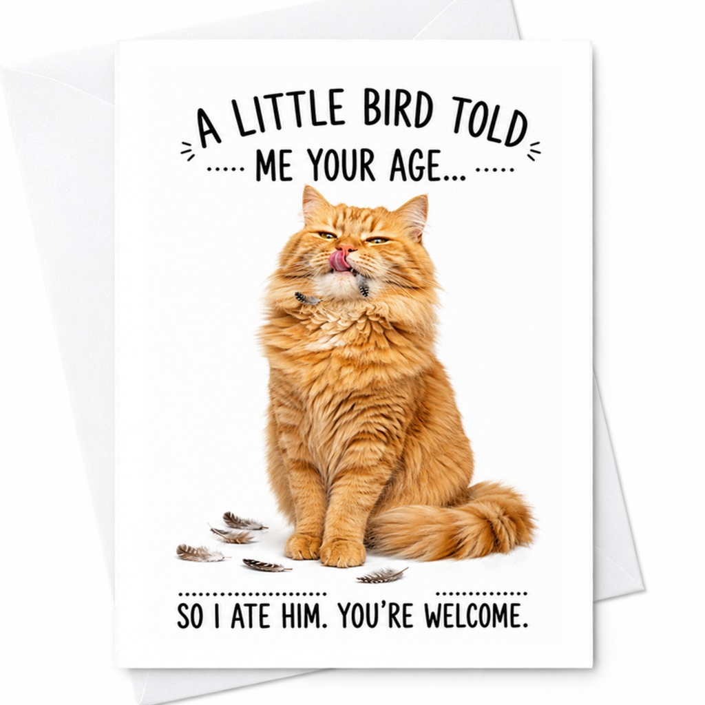 A Little Bird Told Me Your Age So I Ate Him You'Re Welcome Funny Birthday Card Cat Humor For Friends Family Animal Lovers C2376