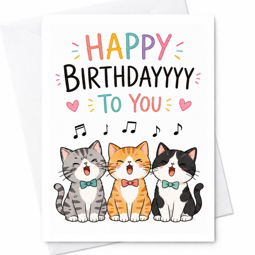 Happy Birthdayyy To You Cute Singing Cat Birthday Card Funny Musical Note Card For Cat Lovers With Envelope Adorable Kitten Design C2385