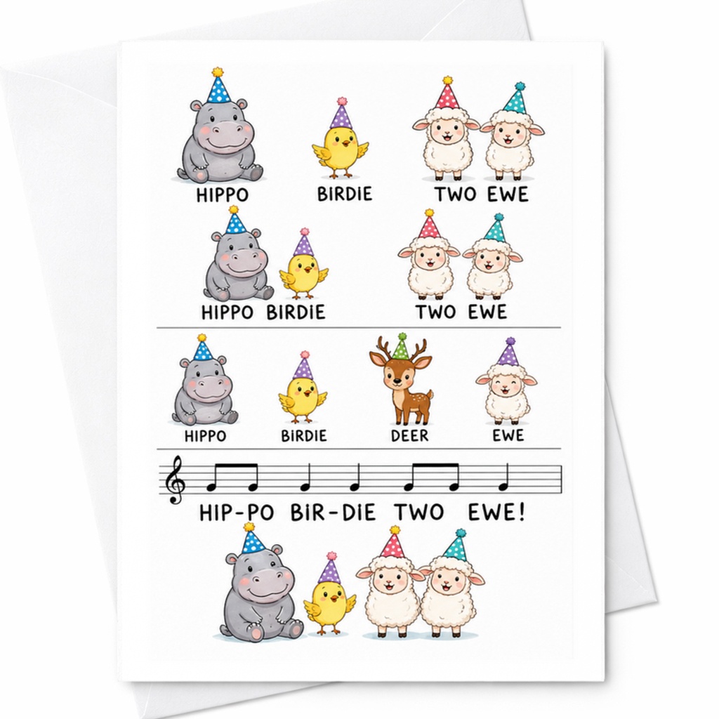 Hippo Birdie Two Ewe Funny Birthday Card Cute Animal Pun Greeting For Kids Adults Whimsical Illustration With Envelope C2395