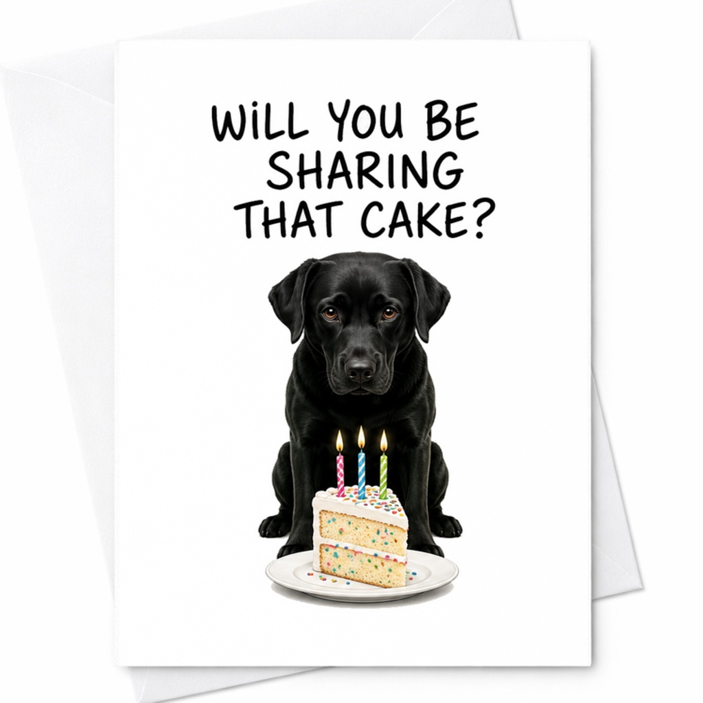 Will You Be Sharing That Cake? Funny Birthday Card Cute Black Labrador Puppy Dog Lovers Friends Family Celebration C2413