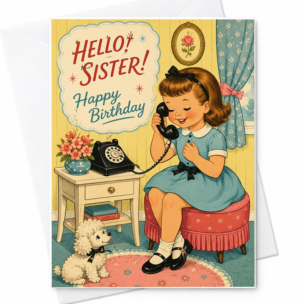 Hello! Sister! Happy Birthday Vintage Greeting Card Cute Nostalgic Birthday Card For Sister Retro Style Birthday Card For Her C2428