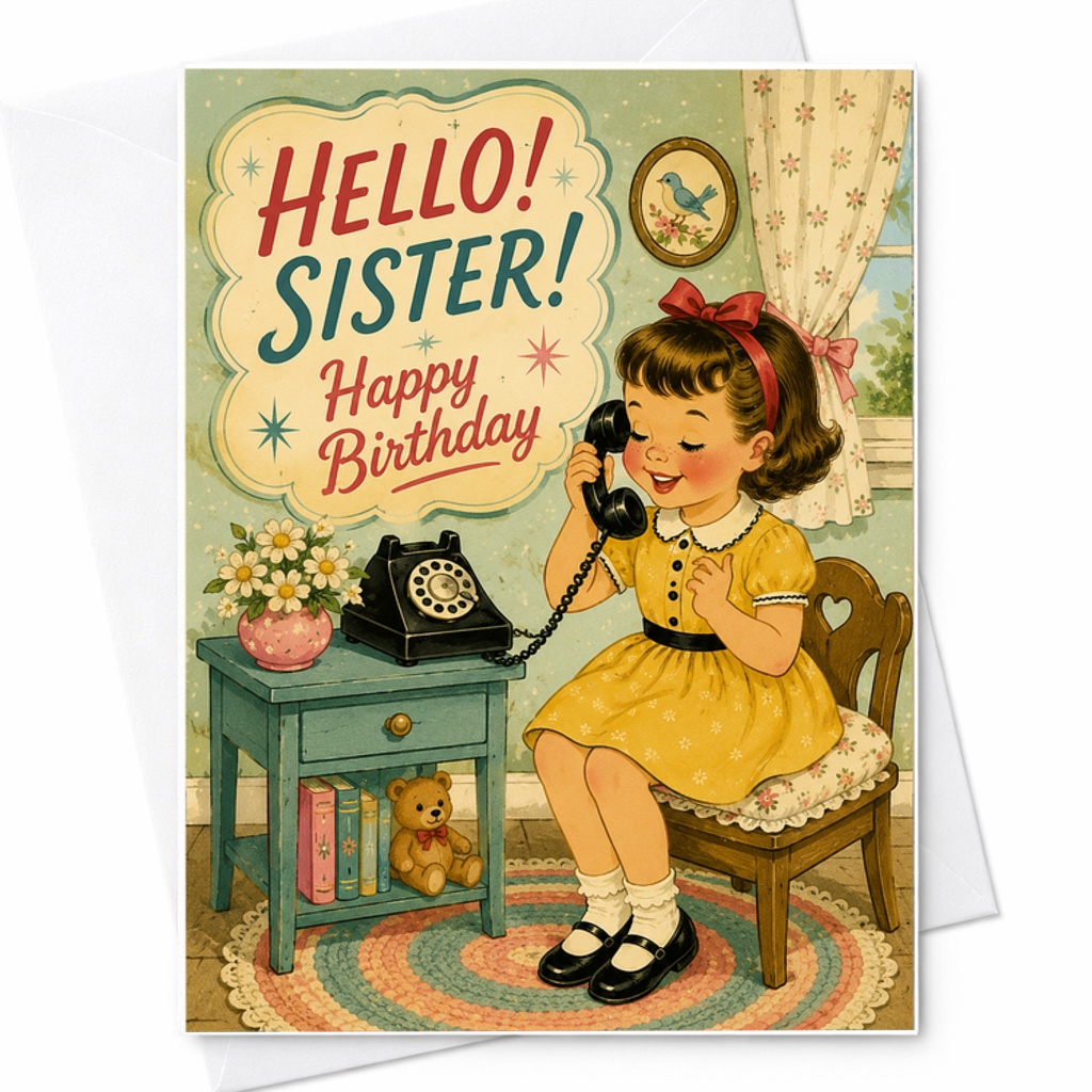 Hello Sister Happy Birthday Card Cute Vintage Style Greeting For Sister Birthday Celebration With Retro Design And Flowers C2429