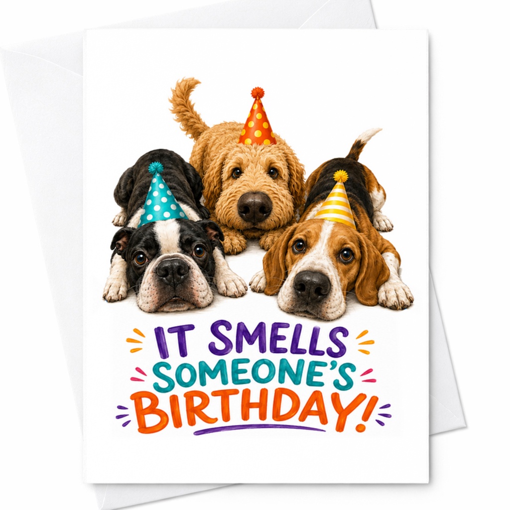 It Smells Someone'S Birthday! Funny Birthday Card Cute Dogs Party Hats Humorous Greeting Card For Dog Lovers Friends Family C2433