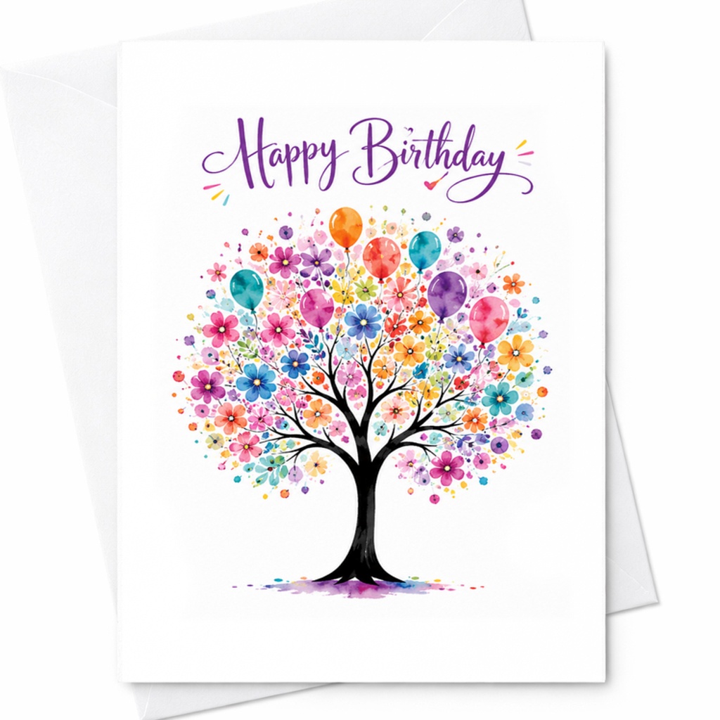 Happy Birthday Beautiful Balloon Tree Card Colorful Floral Design Birthday Card For Everyone Celebration Greeting Card C2440