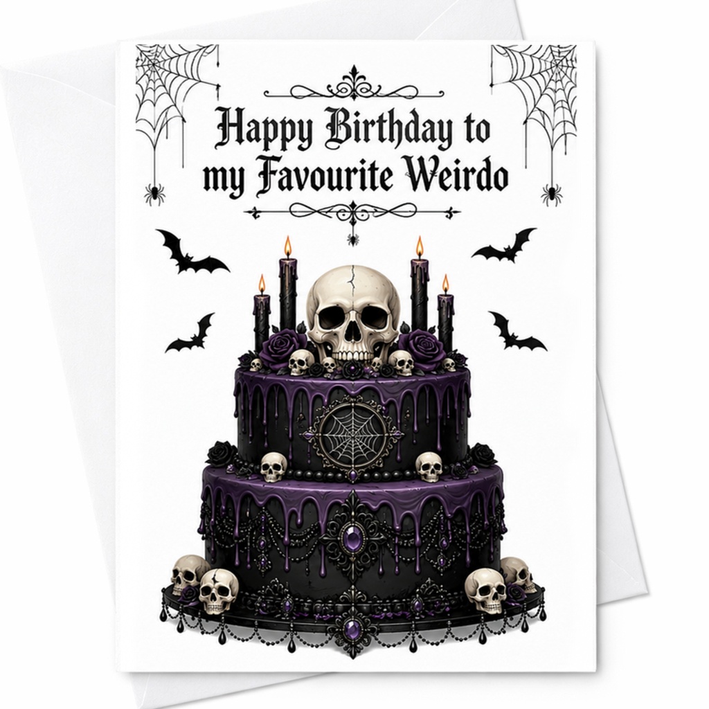 Happy Birthday To My Favourite Weirdo Birthday Card Funny Gothic Skull Cake Design For Friend Unique Dark Humor Greeting C2469