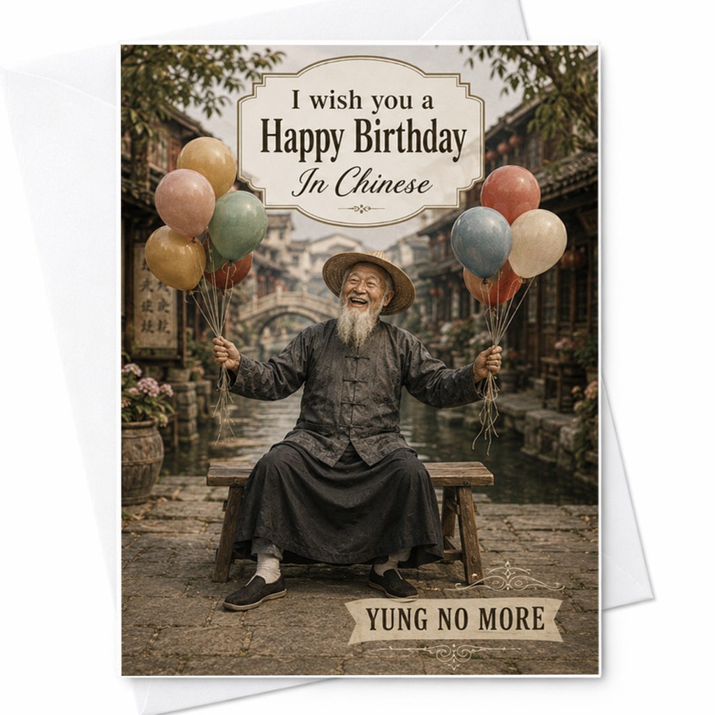 I Wish You A Happy Birthday In Chinese Birthday Card Yung No More Funny Elderly Celebration With Balloons For Seniors C2471