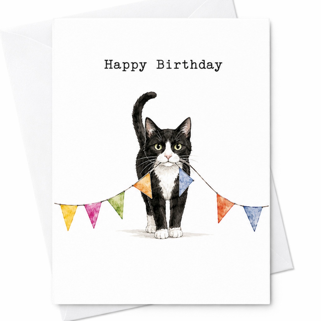 Happy Birthday Cute Cat Card Black And White Tuxedo Cat With Colorful Flags Birthday Card For Cat Lovers Adorable Celebration C2476