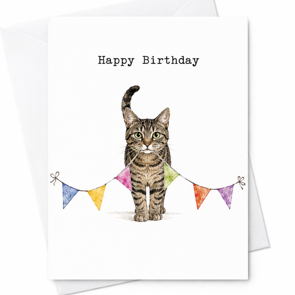 Happy Birthday Cute Cat Card Birthday Card For Cat Lovers Adorable Feline Illustration With Bunting Party Animal Theme C2477
