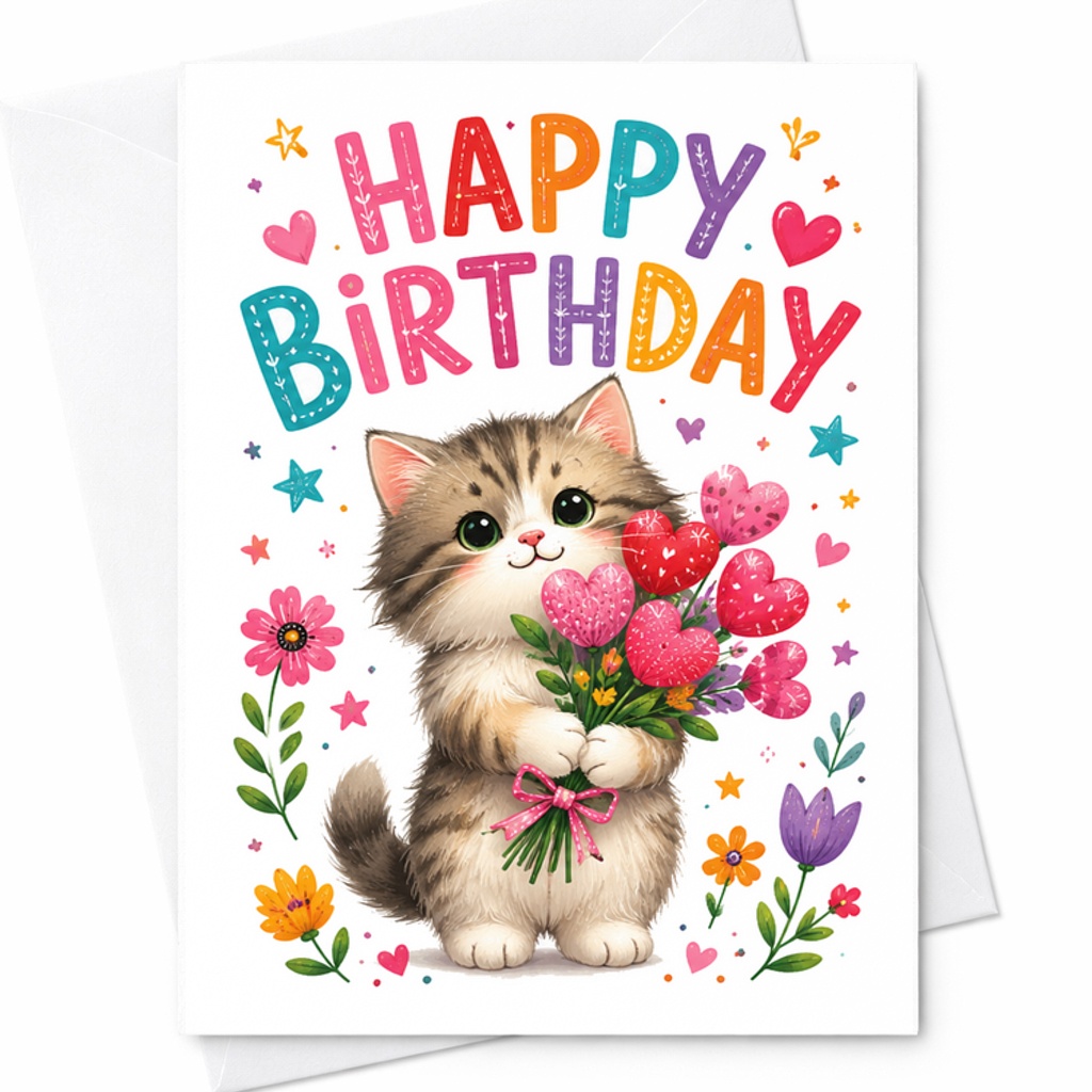 Happy Birthday Cute Cat Card Fun Cartoon Kitten With Flowers Colorful Design Birthday Card For Cat Lovers Kids Adults C2478