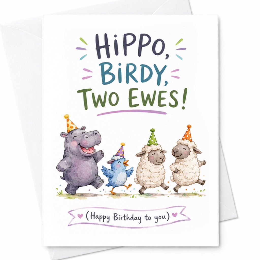 Hippo Birdy Two Ewes Birthday Card Funny Animal Pun Birthday Card For Kids Cute Hippo Bird Sheep Design Happy Birthday Card C2489