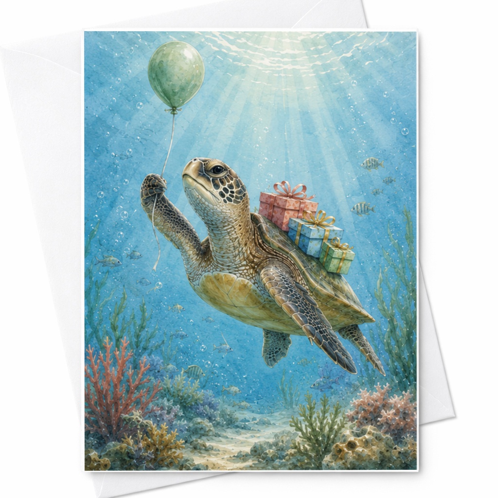 Sea Turtle Birthday Card, Underwater Turtle Card With Gifts And Balloon, Cute Ocean Birthday Card For Kids C2484