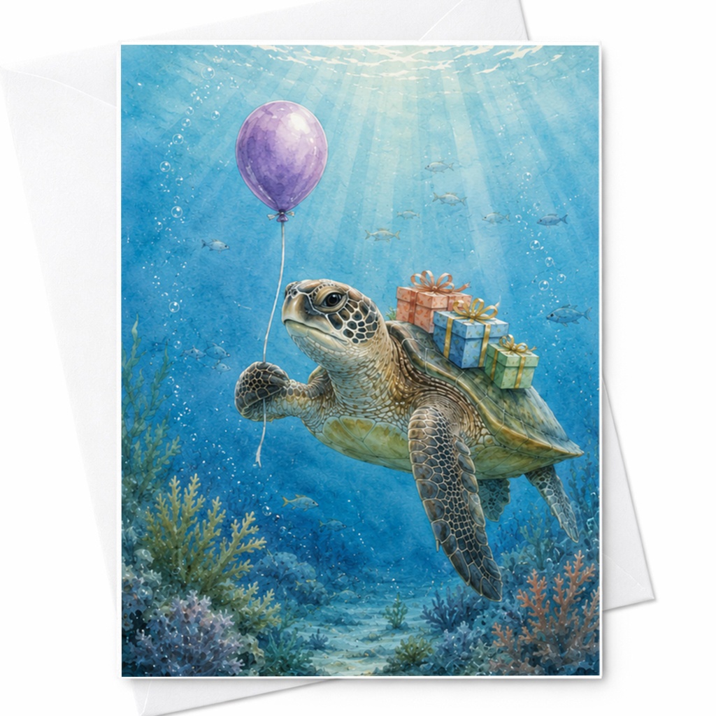 Sea Turtle With Balloon And Gifts Birthday Card Cute Ocean Animal Theme Celebration Card For Kids And Adults Underwater Scene C2485