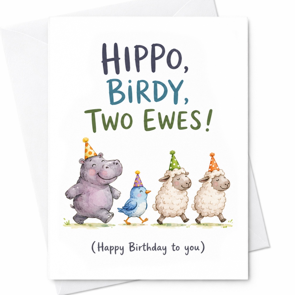 Hippo, Birdy, Two Ewes! Funny Birthday Card Cute Animal Theme Happy Birthday To You Card For Kids Adults Celebration C2488