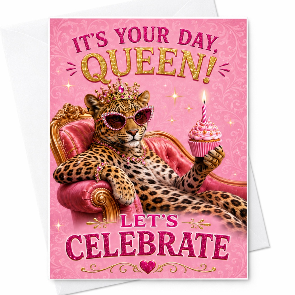 It'S Your Day Queen Let'S Celebrate Birthday Card Funny Animal Design For Her With Leopard And Cupcake Cute Celebration C2492