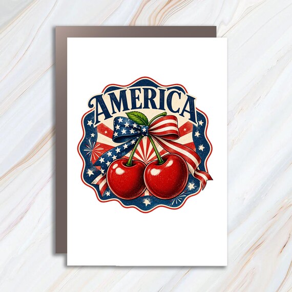 America Patriotic Greeting Card Independence Day Card 4th Of July Card Retro Usa Design Stars And Stripes Cherry Theme JC11
