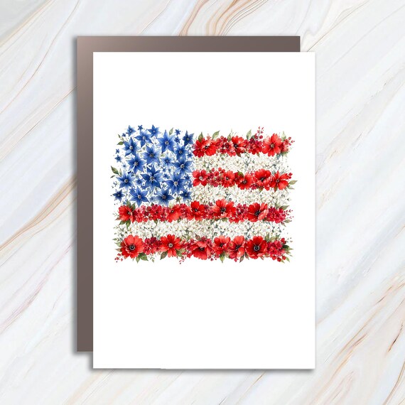 Floral American Flag Independence Day Card, Patriotic Wildflower Fourth of July Greeting Card, USA Freedom Celebration Card JC12
