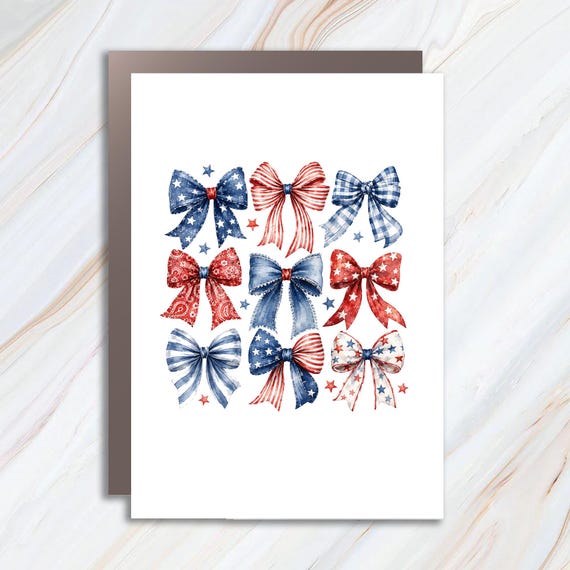 Patriotic Bows Fourth of July Card, Red White Blue Americana Ribbon Greeting Card, Independence Day Celebration Card JC13