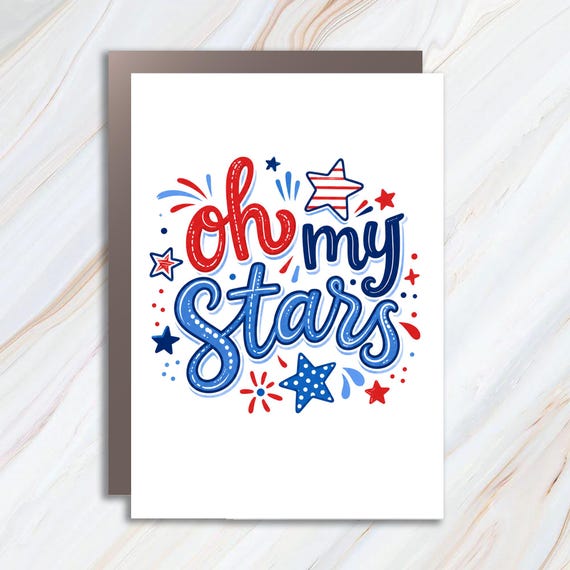 Oh My Stars Patriotic Fourth of July Card, Cute Americana Independence Day Greeting Card, Red White Blue USA Card JC15