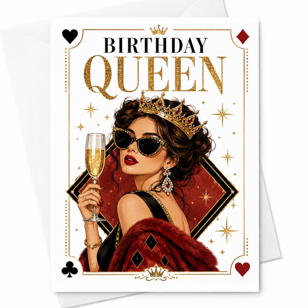 Birthday Queen Birthday Card For Her Glamorous Celebration Elegant Design With Crown And Champagne Fun Birthday Card For Women C2510