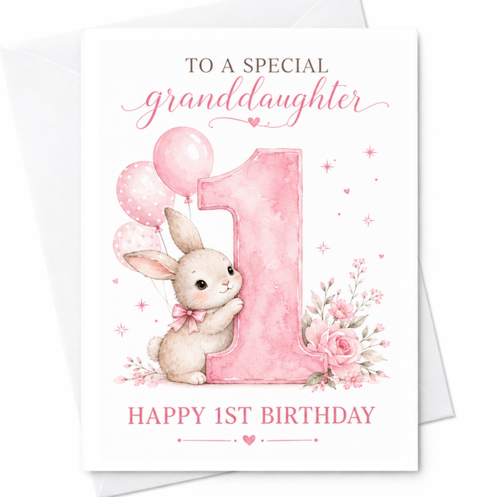 To A Special Granddaughter Happy 1st Birthday Card Cute Bunny Pink Balloons Floral Design Adorable First Birthday Card C2523