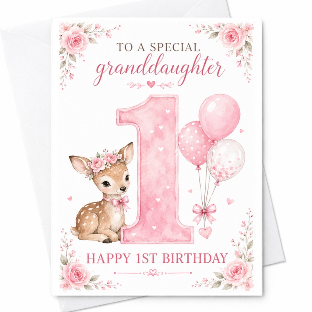 To A Special Granddaughter Happy 1st Birthday Card Cute Deer Design With Balloons Floral Theme For Baby Girl's First Birthday C2524