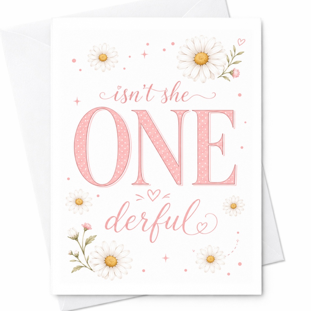 Isn't She Onederful 1st Birthday Card Boho Daisy Theme Birthday Invitation For Girl Cute Pink Daisies First Birthday Party C2528