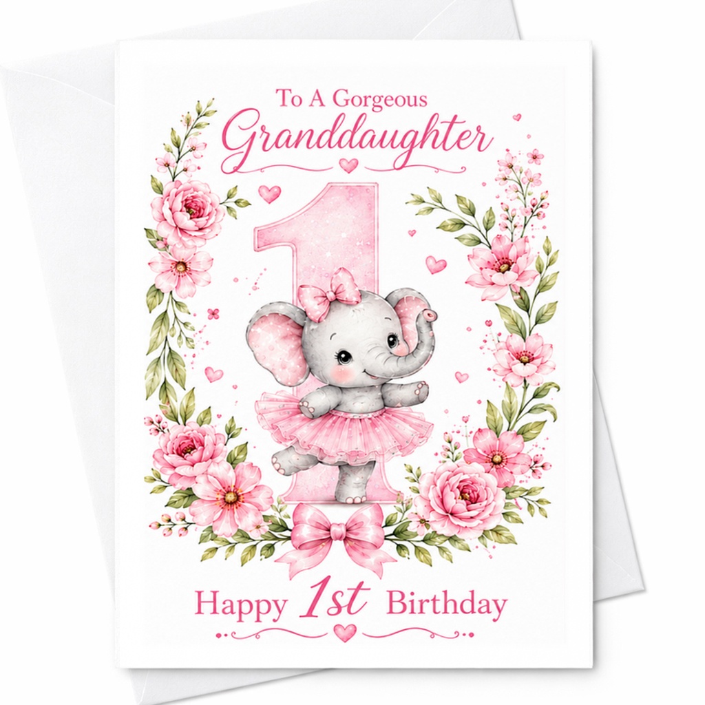 To A Gorgeous Granddaughter Happy 1st Birthday Card Cute Elephant Floral Design From Grandma Pink Number 1 Keepsake C2532