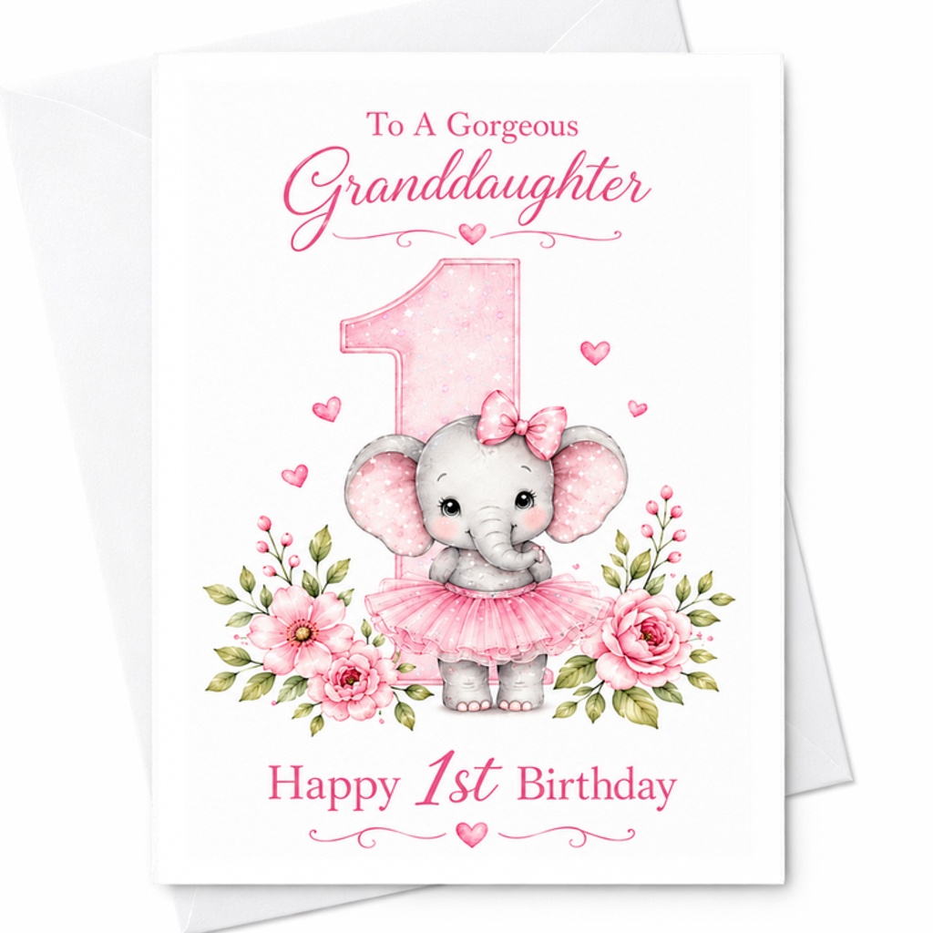 To A Gorgeous Granddaughter Happy 1st Birthday Card Cute Elephant Design Baby Girl First Birthday Celebration Sweet Card C2531