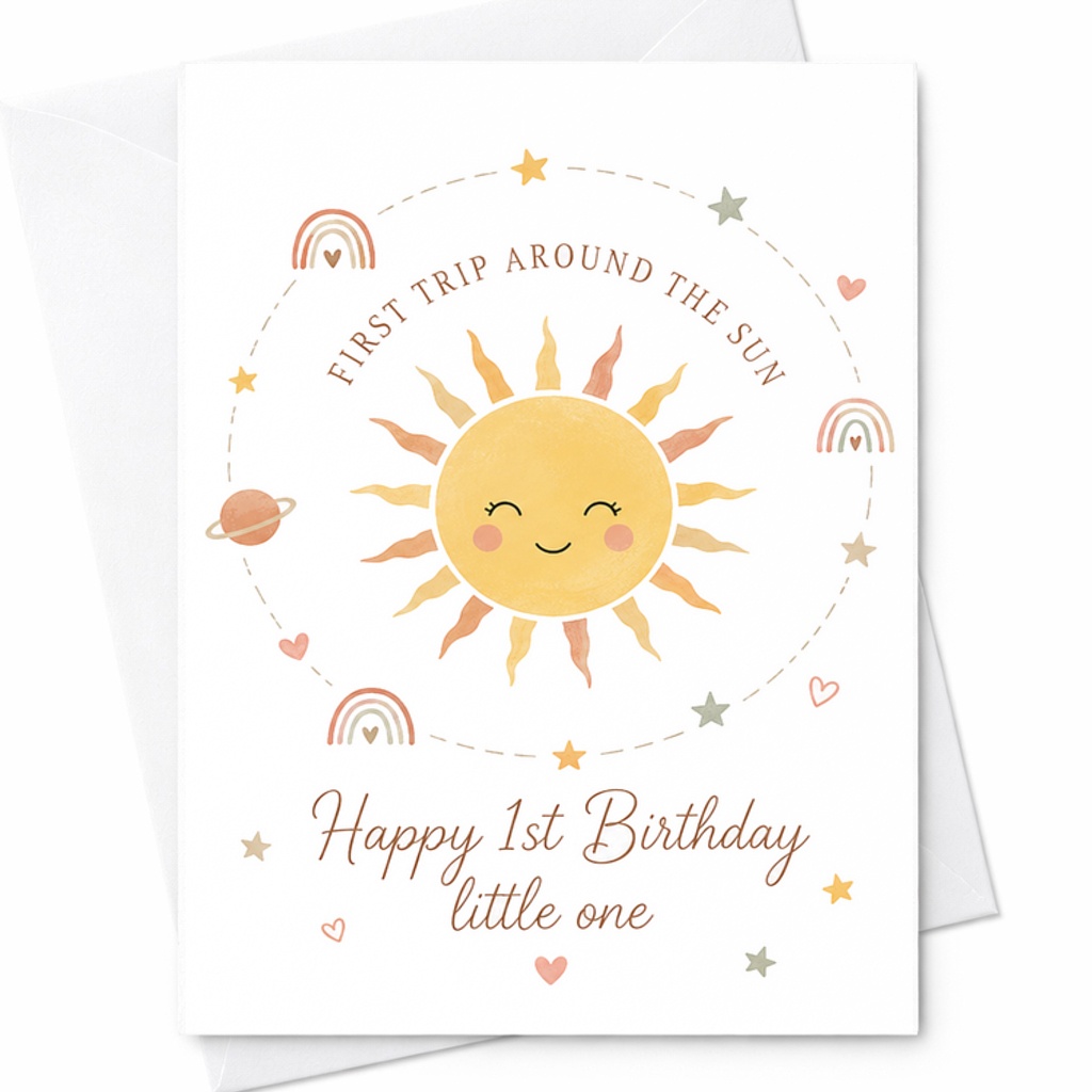 Happy 1st Birthday Little One First Trip Around The Sun Card Cute Baby Birthday Card Adorable Sun And Stars Design C2542