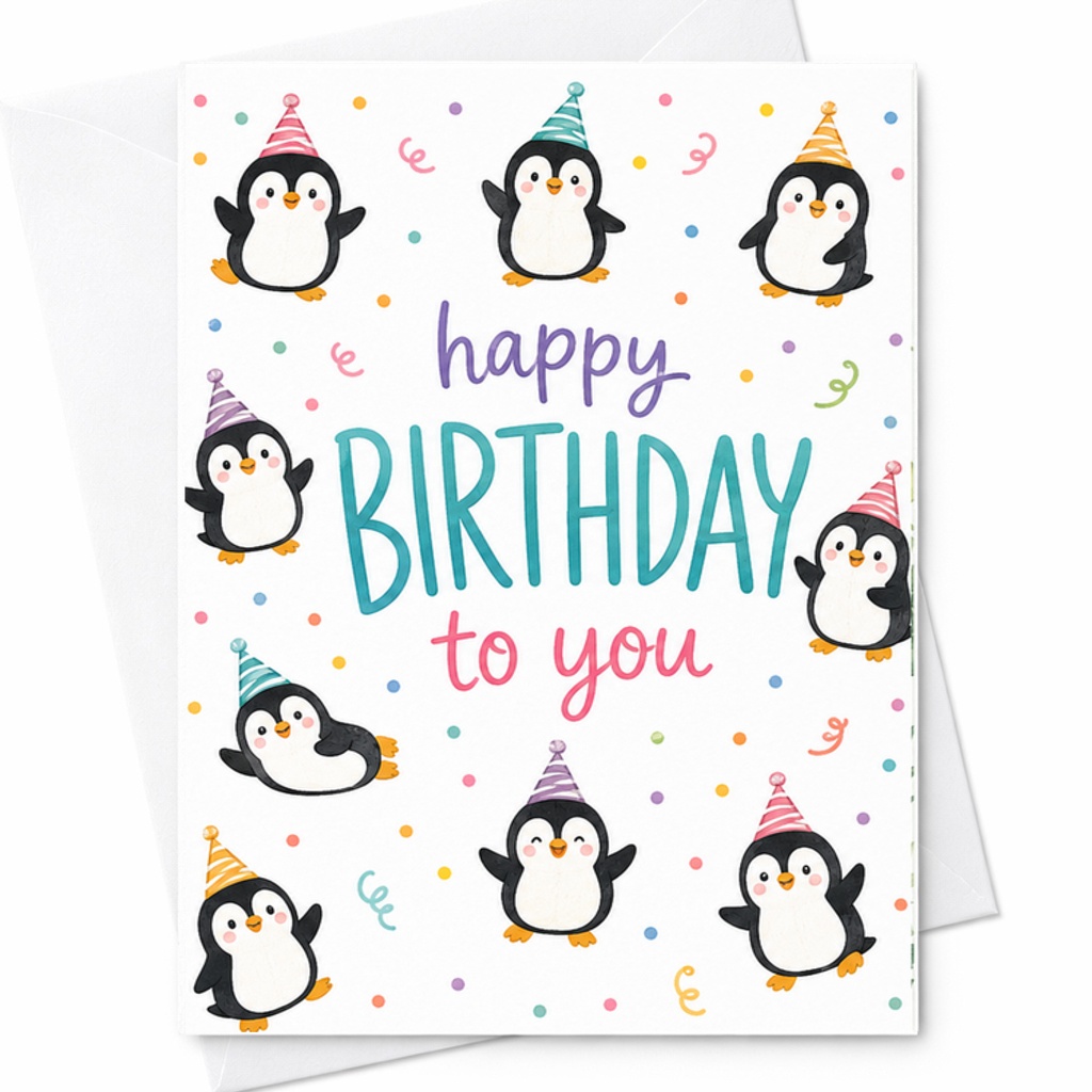 Happy Birthday To You Cute Birthday Card With Penguins Fun Party Hat Design For Kids Or Friends Celebration Greeting Card C2547