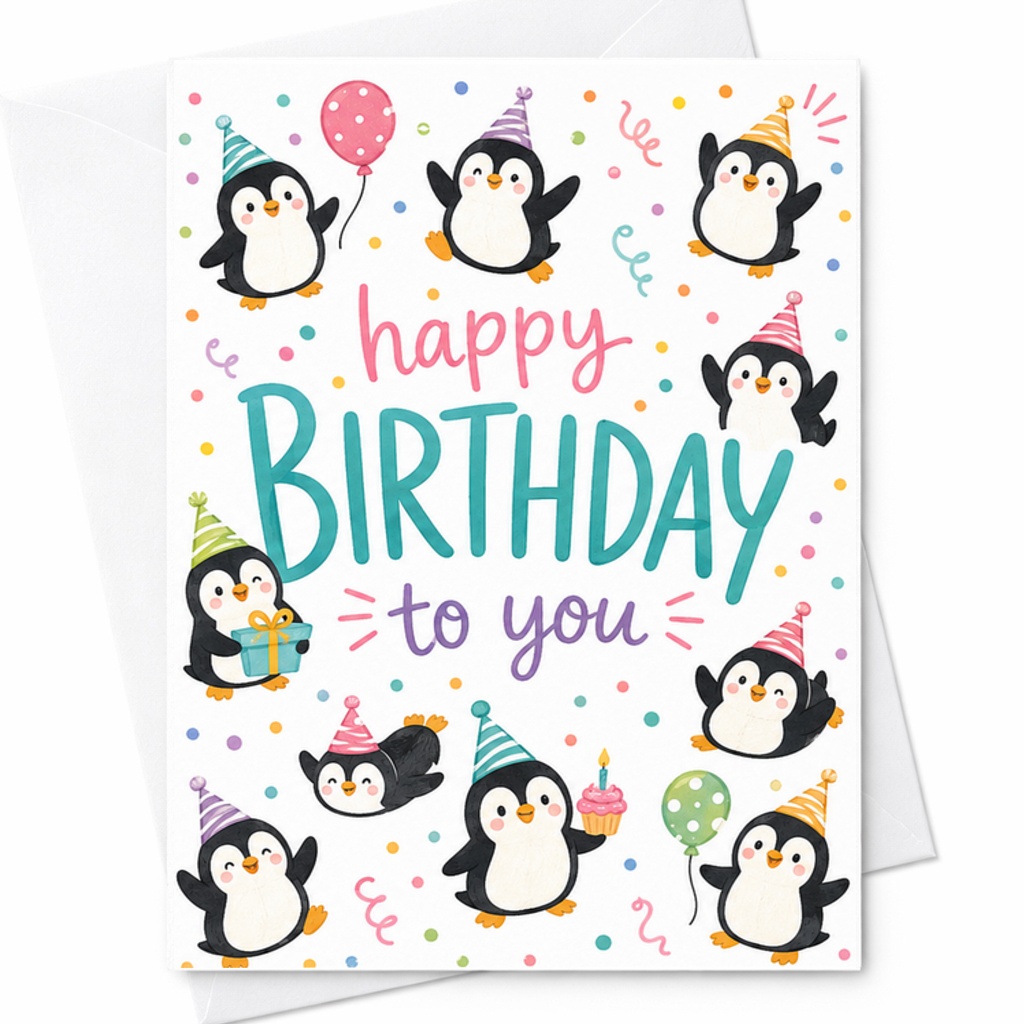 Happy Birthday To You Cute Birthday Card Adorable Penguins Party Hat Balloons Celebration Card For Kids Fun Animal Design C2548