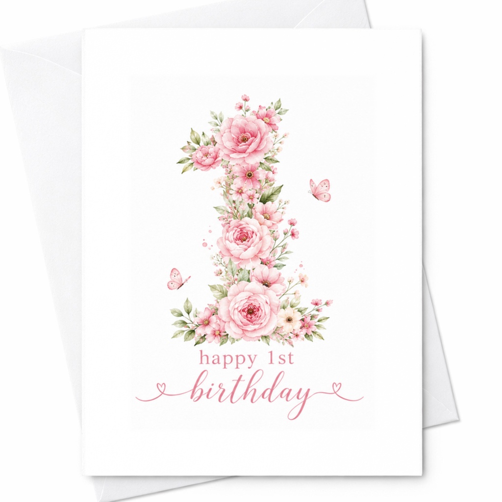 Happy 1st Birthday Floral Card Cute First Birthday Card For Baby Girl With Flowers And Butterflies Sweet Keepsake C2552