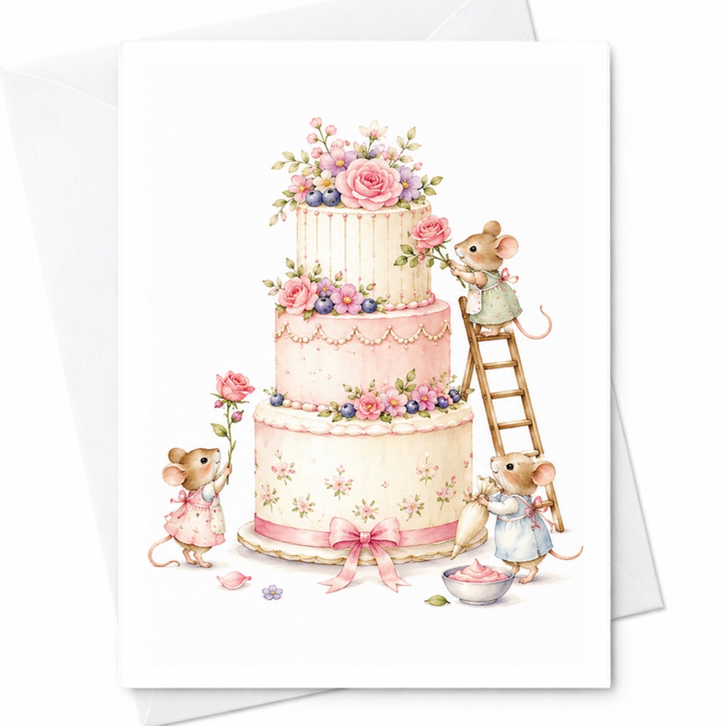 Mice Birthday Card, Floral Cake Birthday Card With Cute Mice, Sweet Animal Birthday Card For Kids C2554