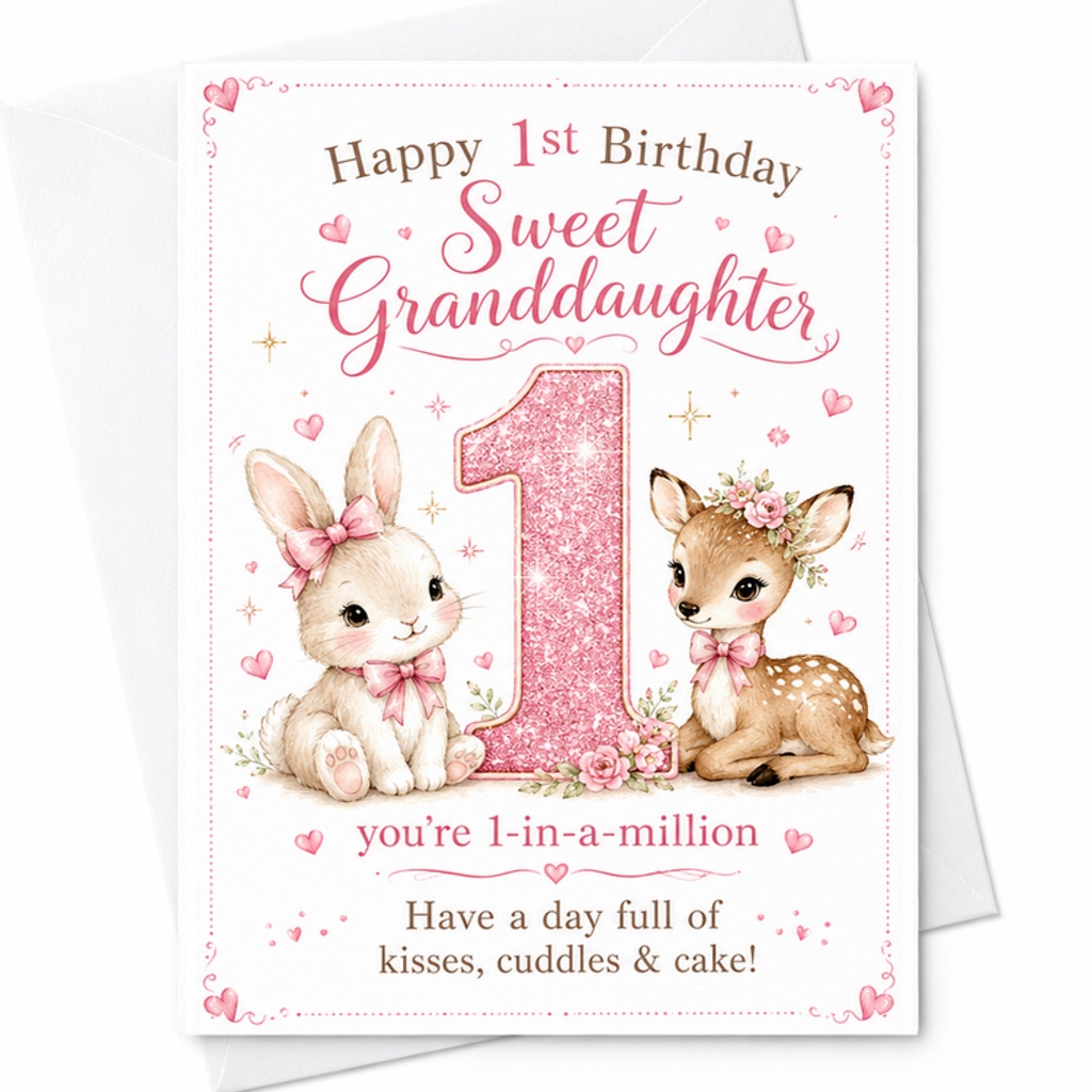 Happy 1st Birthday Sweet Granddaughter 1st Birthday Card Woodland Bunny Deer Floral Cute Granddaughter Birthday Card C2543