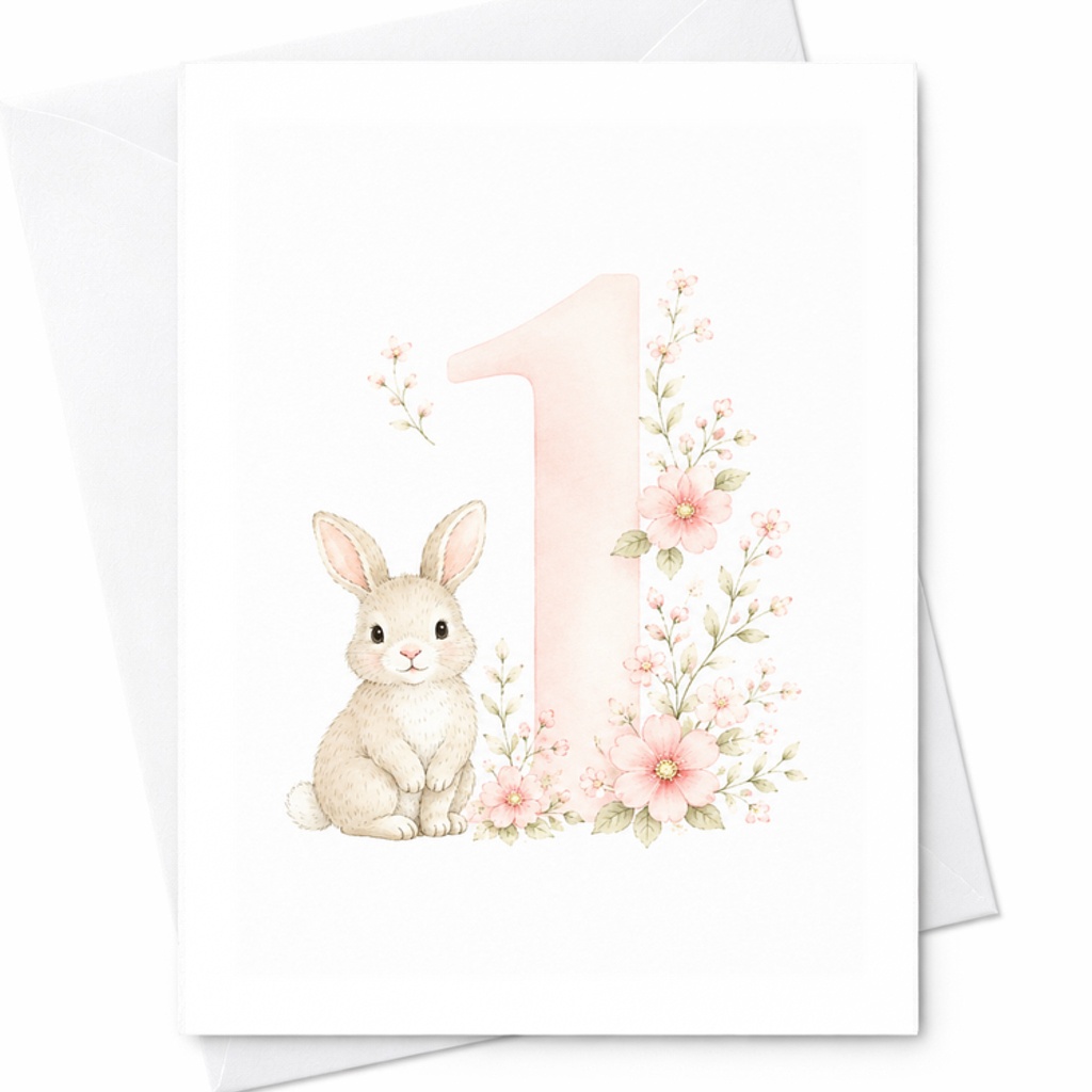 1st Birthday Card Cute Bunny Floral Design Adorable First Birthday Card For Baby Girl Or Boy Sweet Animal Theme Celebration C2557