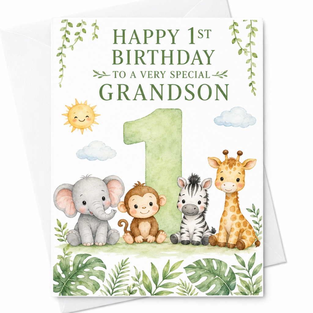 Happy 1st Birthday To A Very Special Grandson Cute Animal Birthday Card 1st Birthday Card For Grandson With Elephant Monkey Giraff C2545