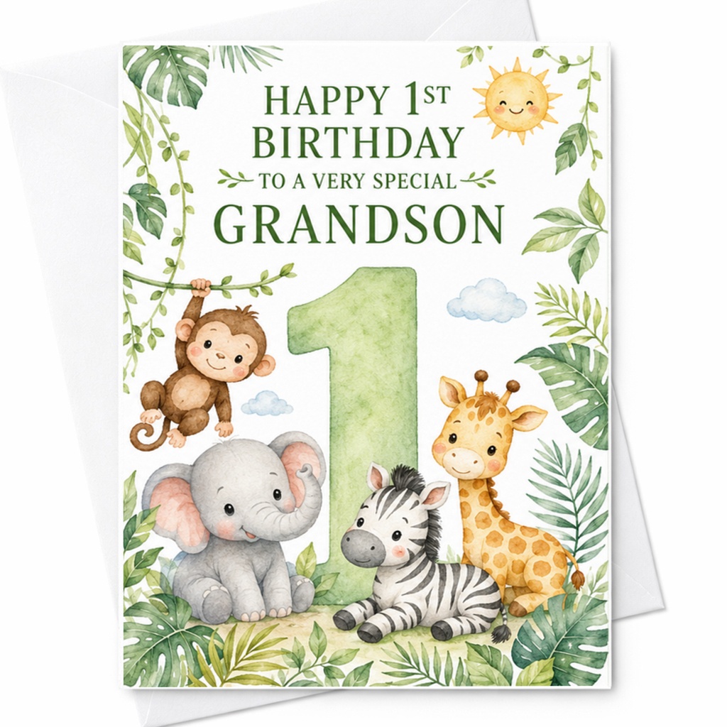 Happy 1st Birthday To A Very Special Grandson Card Cute Jungle Animals First Birthday Card For Grandson Adorable Safari Theme C2546