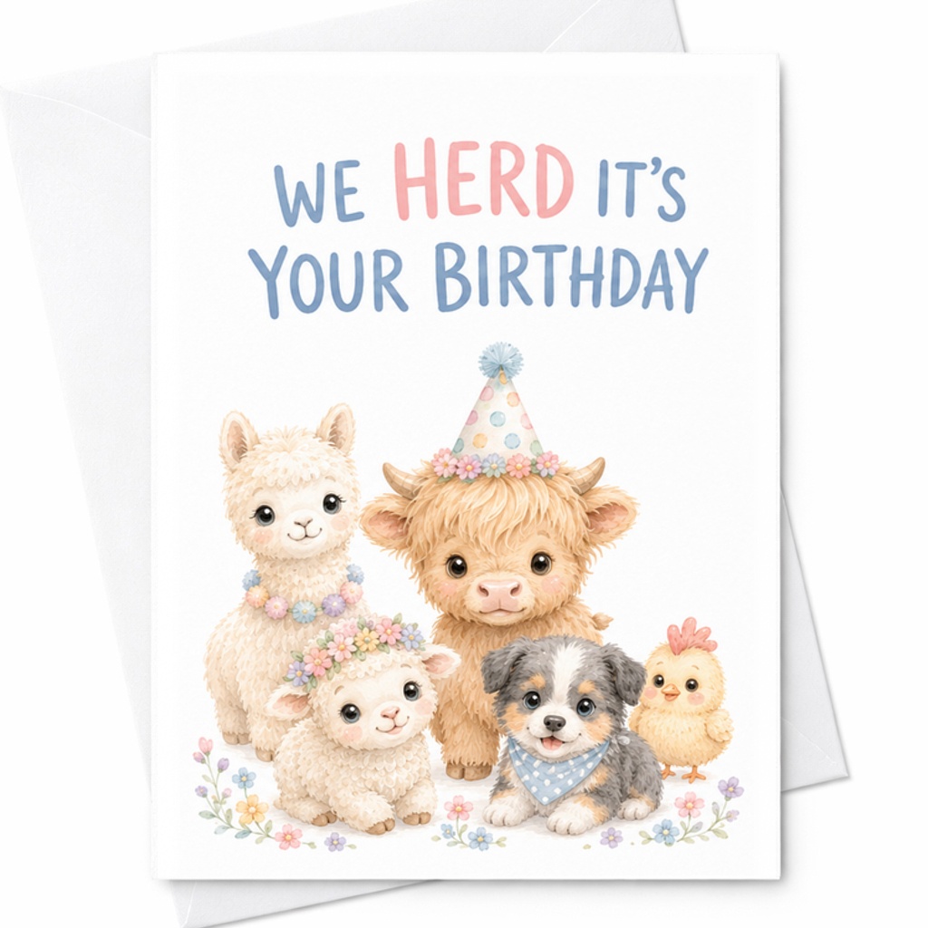 We Herd It's Your Birthday Cute Birthday Card Adorable Animal Theme Llama Cow Dog Sheep Chick Kids Birthday Celebration C2549