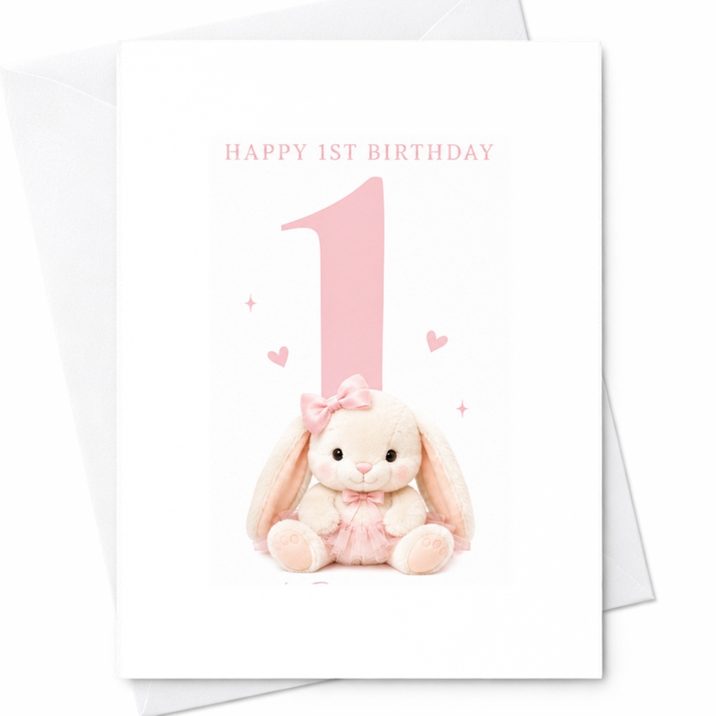 Happy 1st Birthday 1st Birthday Card Cute Bunny Design For Baby Girl Adorable Keepsake Card With Pink Hearts And Bow C2560