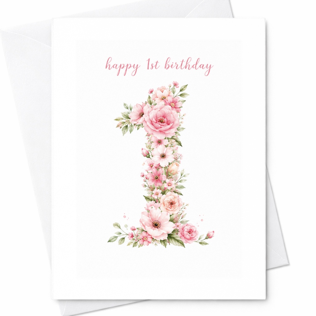Happy 1st Birthday Floral 1st Birthday Card Baby Girl Pink Flowers Personalized Name Cute First Birthday Card For Her C2551