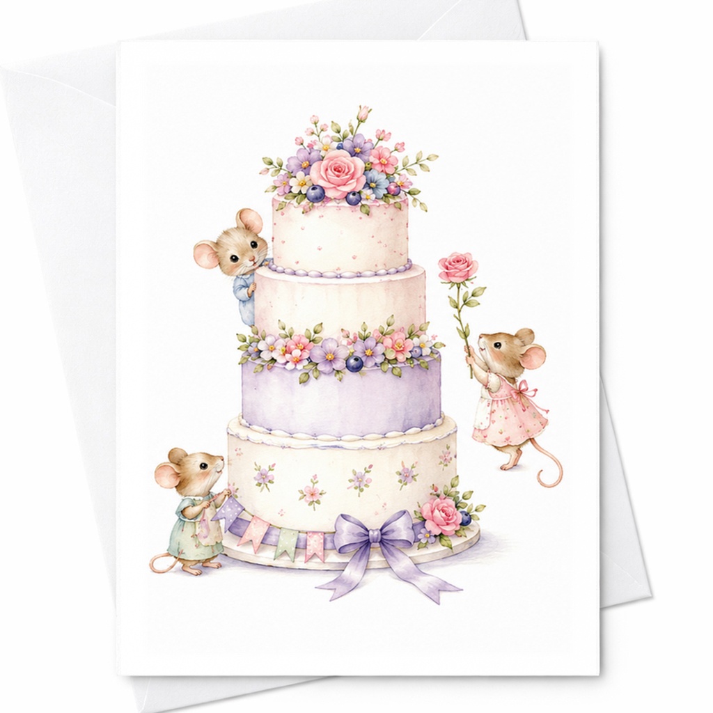 Mice Birthday Card, Floral Cake Birthday Card With Cute Mice, Sweet Animal Birthday Card For Kids And Girls C2553