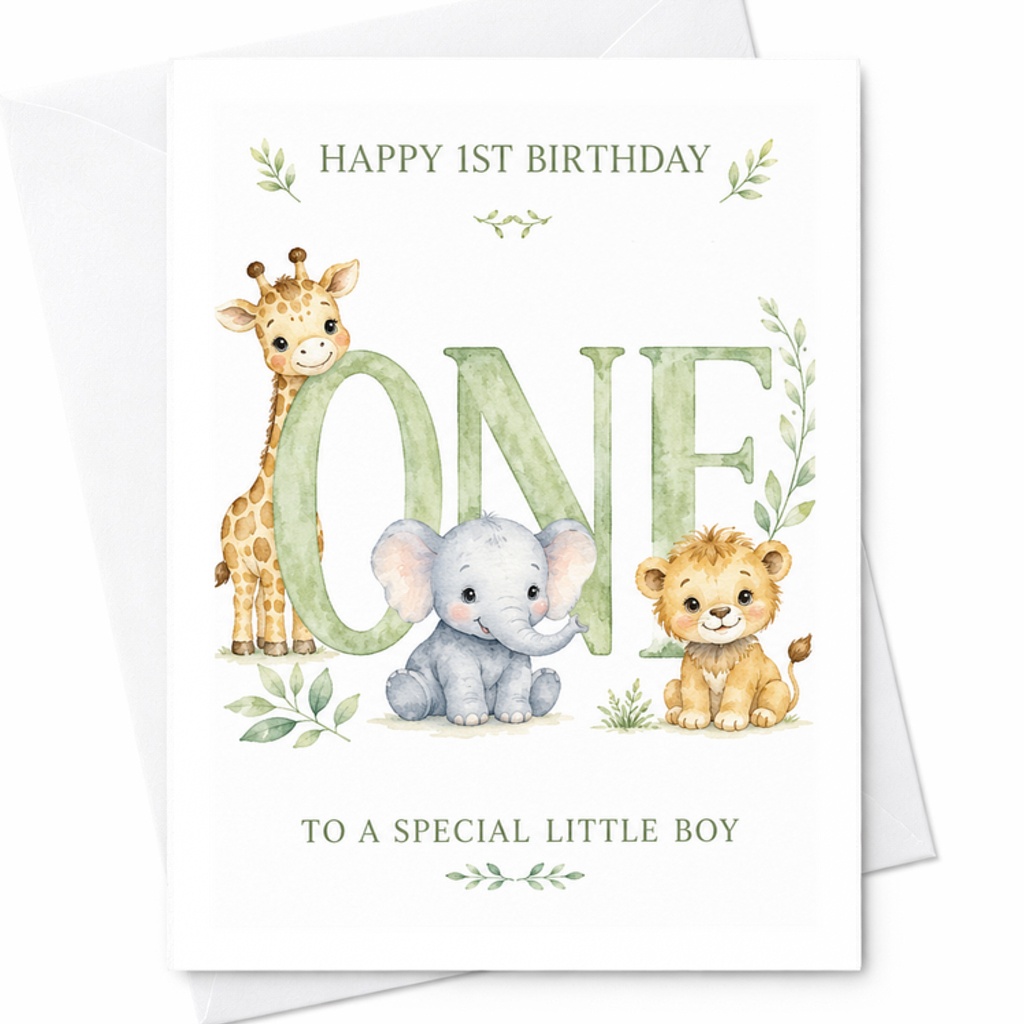 Happy 1st Birthday One To A Special Little Boy Cute Animal Card Grandson First Birthday Card Adorable Giraffe Elephant Lion C2563