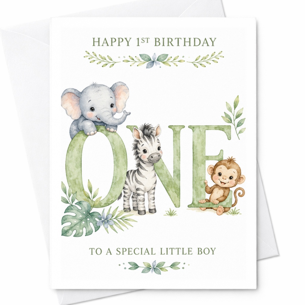 Happy 1st Birthday To A Special Little Boy Cute Safari Animals Card First Birthday Card Son Nephew Godson Adorable Watercolor C2564