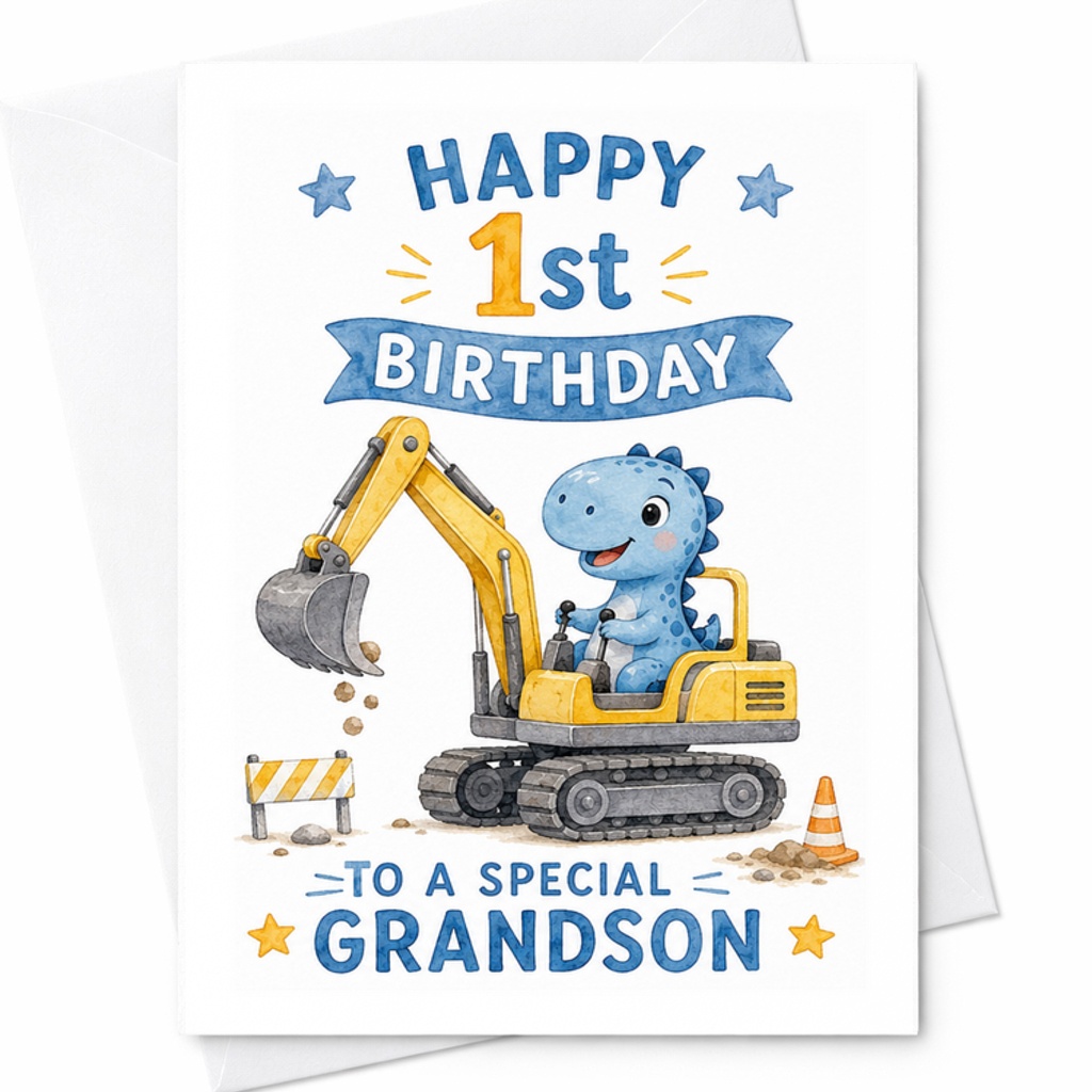 Happy 1st Birthday To A Special Grandson Card Cute Dinosaur Excavator Theme Birthday Card For Grandson's First Birthday C2566