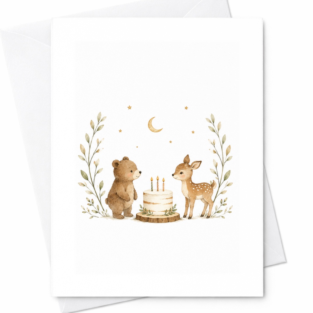 Woodland Birthday Card, Bear And Deer Birthday Card With Cake, Cute Animal Birthday Card For Kids And Toddlers C2567