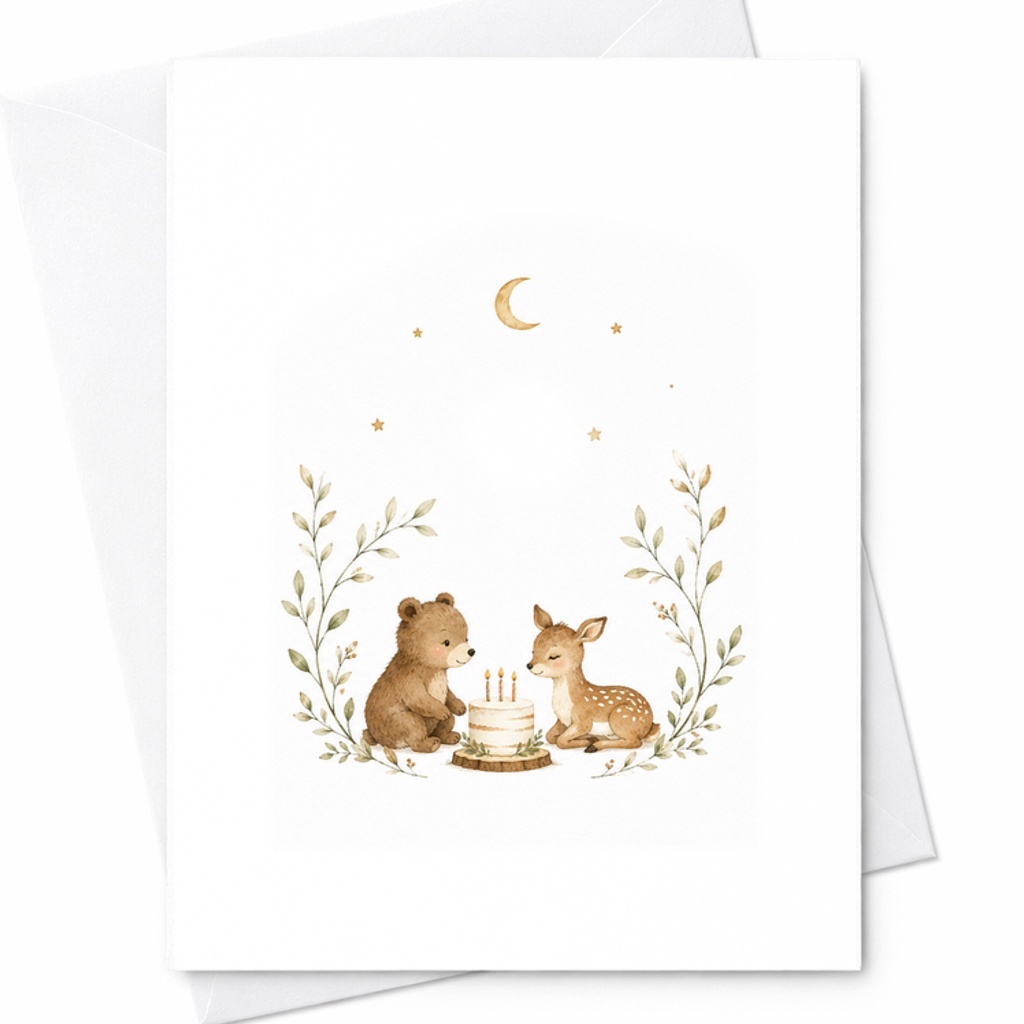 Woodland Birthday Card, Bear And Deer Birthday Card With Cake, Cute Animal Birthday Card For Kids Toddlers C2568