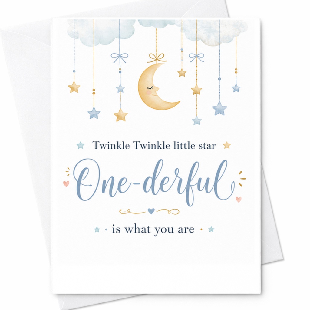 Twinkle Twinkle Little Star One-Derful Is What You Are 1st Birthday Card Cute Moon Stars Design For Baby Boy Girl Celebration C2570