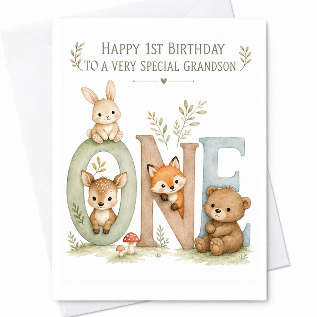 Happy 1st Birthday To A Very Special Grandson Card Cute Animal Theme First Birthday Card For Grandson Adorable Woodland Animals C2561