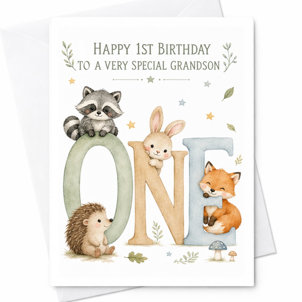 Happy 1st Birthday To A Very Special Grandson Cute Animal Card Woodland Theme 1st Birthday Card For Grandson Adorable Design C2562